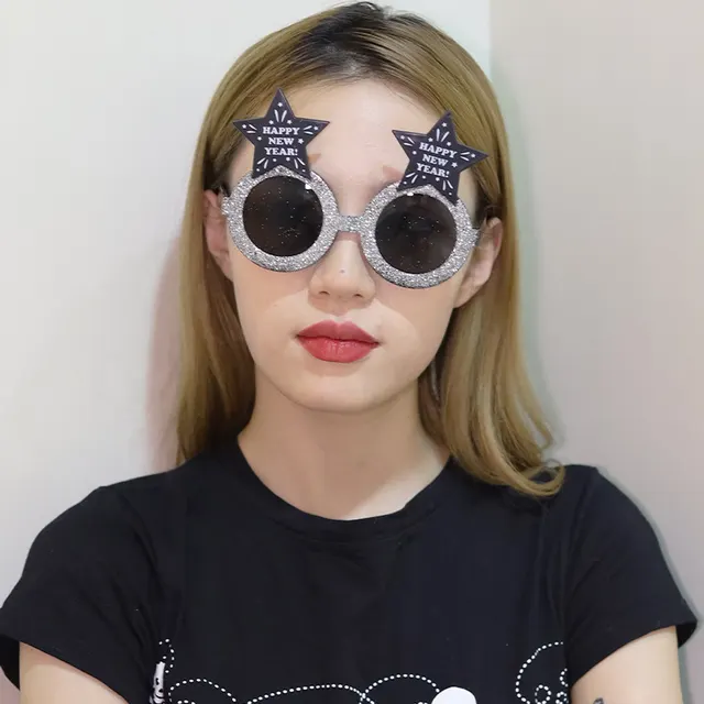 Creative Happy New Year Party Glasses Supplies Photo Props Holiday Dance Dress Up Funny Glasses Silver Glitter C - Shop at LoveMi