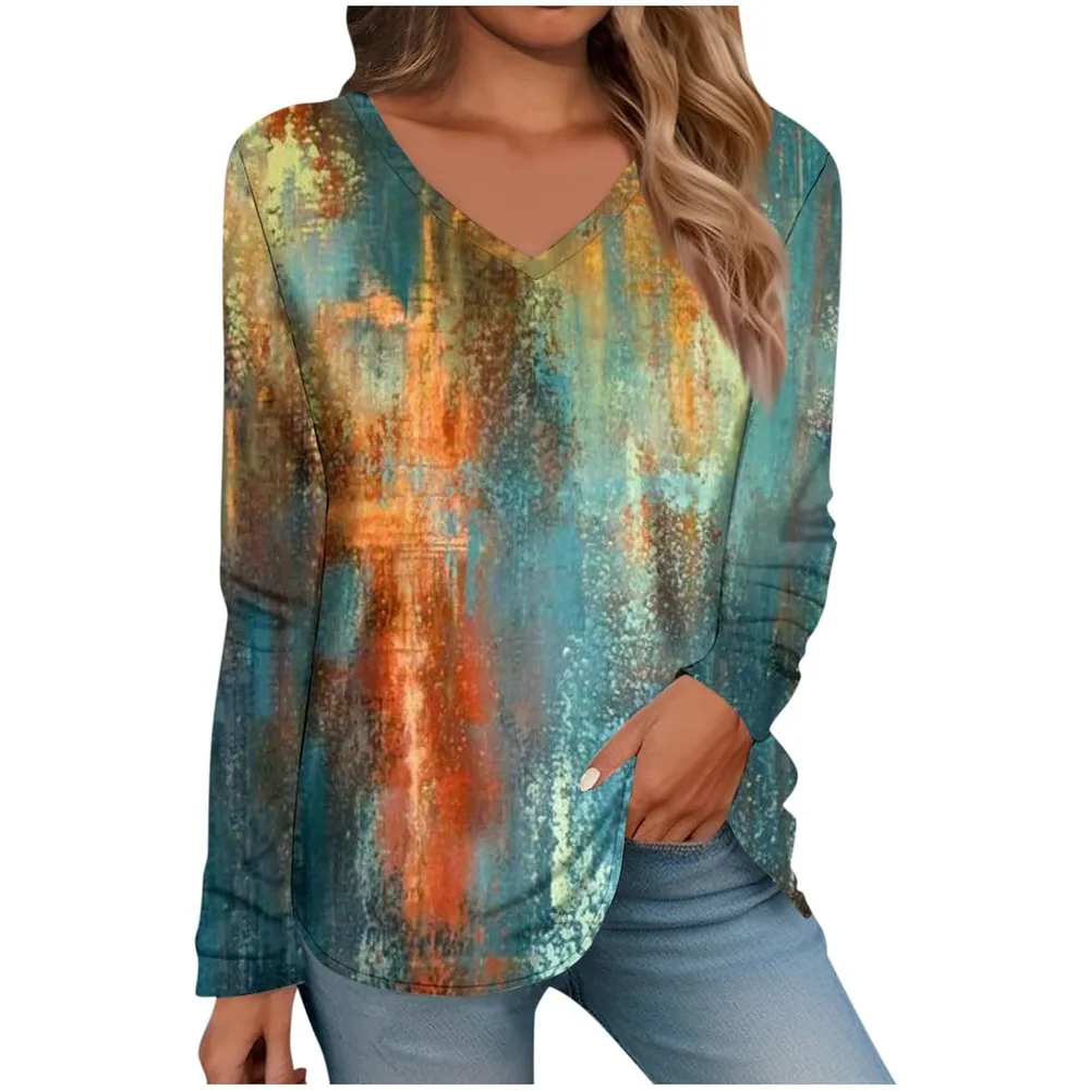 Long Sleeve 3D Digital Printing Geometric Pattern Casual V neck Loose Holiday T shirt For Women Image Green - Shop at LoveMi