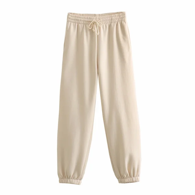 Autumn New Women's Clothing Solid Color Basic Short Sweater Ankle Banded Lace up Jogger Pants Suit Beige Trousers - Shop at LoveMi