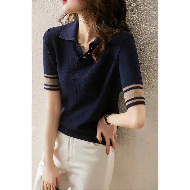 Women's Doll Collar Ice Silk Short Sleeve Knitted Top Half Mid sleeve Bottoming Shirt - Shop at LoveMi
