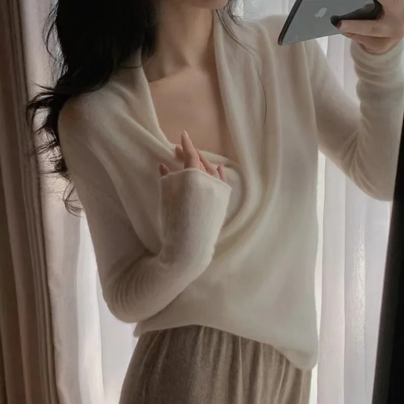 Cross V neck Knitwear Women's Sweater Pullover White - Shop at LoveMi