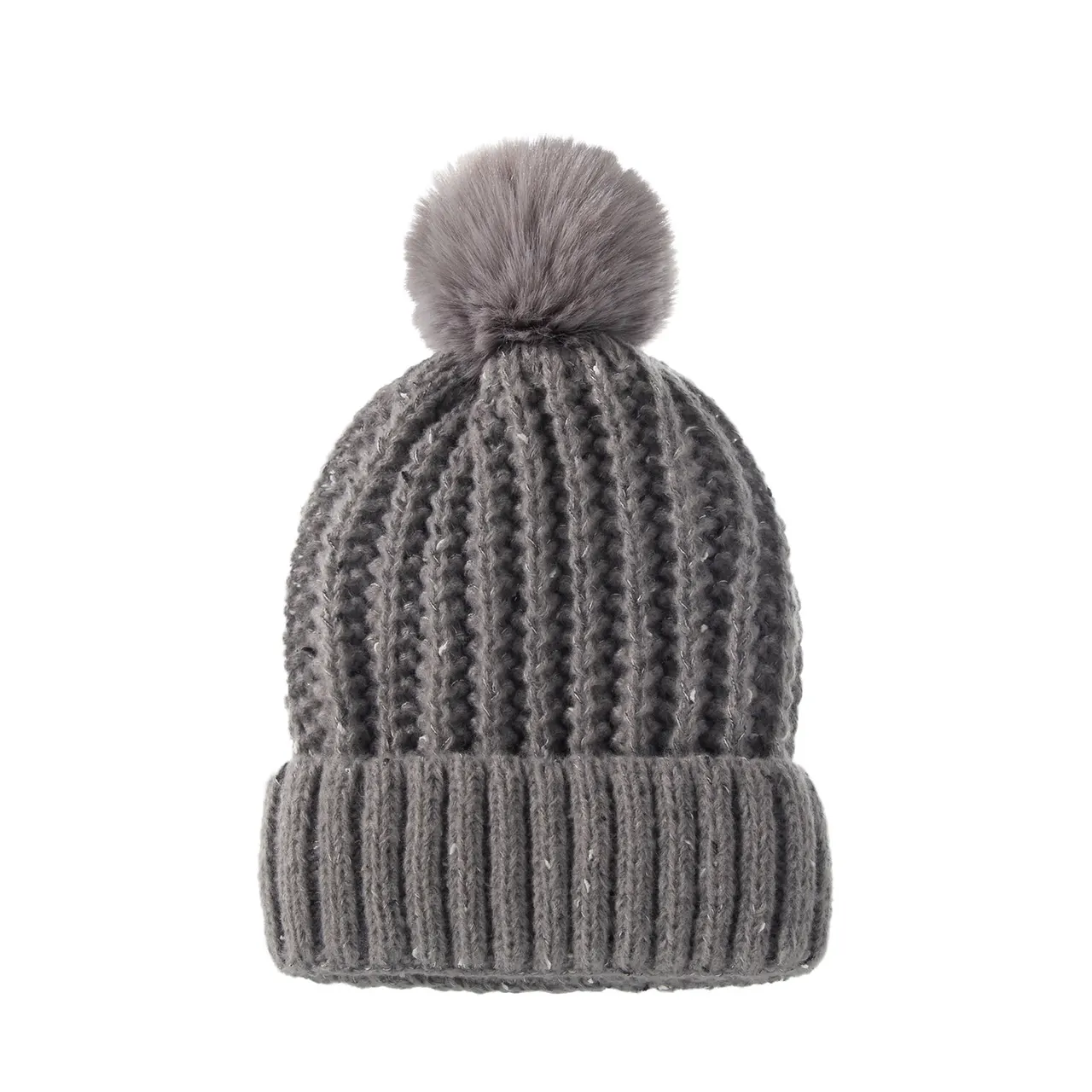 Fleece-lined Warm Fur Ball Adult Knitted Hat Autumn And Winter Women's Wool Single Ball Hat - Gray
