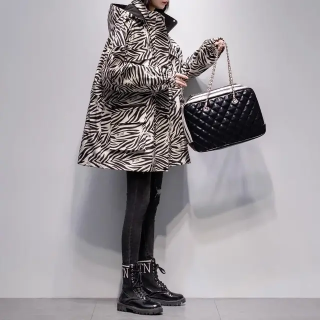 Women's Mid length Hooded Zebra print Trench Coat Zebra Stripes Thickened - Shop at LoveMi