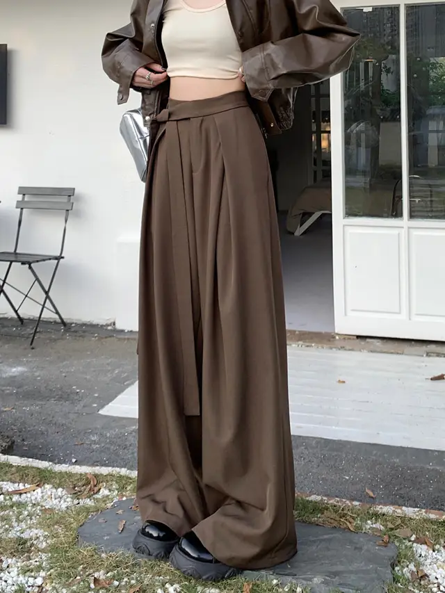 Design Women's Lace up Wide leg Pants Straight Brown - Shop at LoveMi