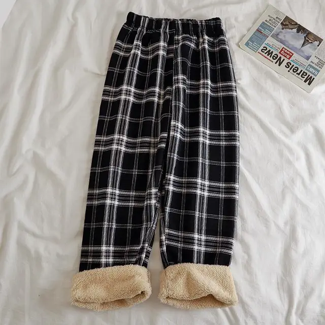 Fleece Cashmere Plaid Wide leg Casual Pants Black Plaid, Brushed - Shop at LoveMi