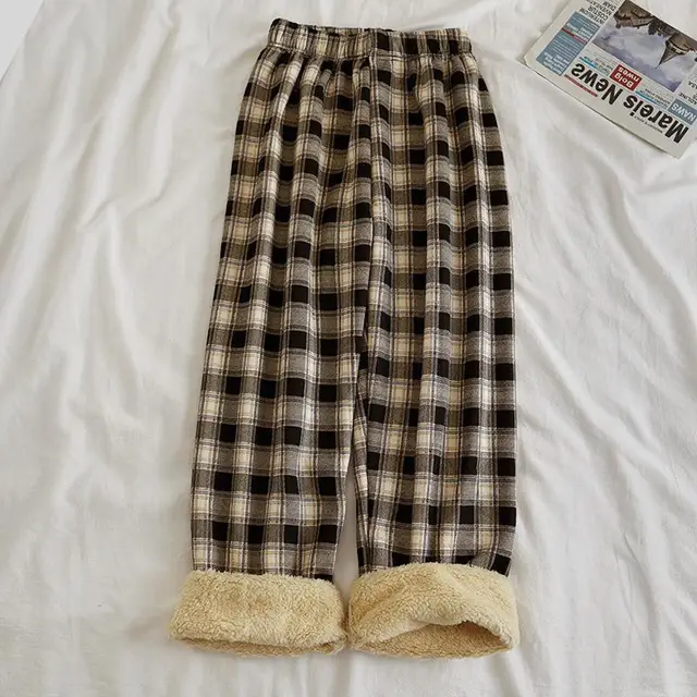 Fleece Cashmere Plaid Wide leg Casual Pants Brown Plaid Plaid, Brushed - Shop at LoveMi