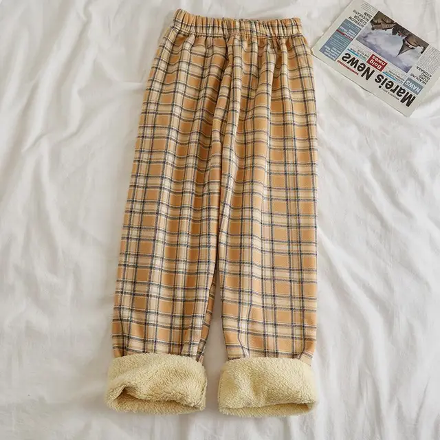 Fleece Cashmere Plaid Wide leg Casual Pants Yellow Grid Plaid, Brushed - Shop at LoveMi