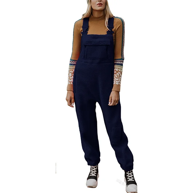 European And American Fashion Casual Closing Skinny Pants Fleece Autumn And Winter Suspenders Pants Dark Blue - Shop at LoveMi