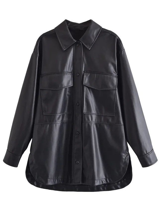 Urban Casual Women's Long sleeved Lapel Loose Shirt Leather Coat Black - Shop at LoveMi