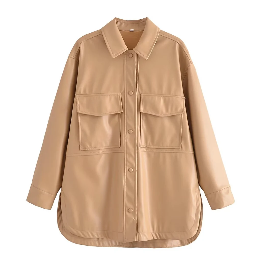 Urban Casual Women's Long-sleeved Lapel Loose Shirt Leather Coat - Khaki