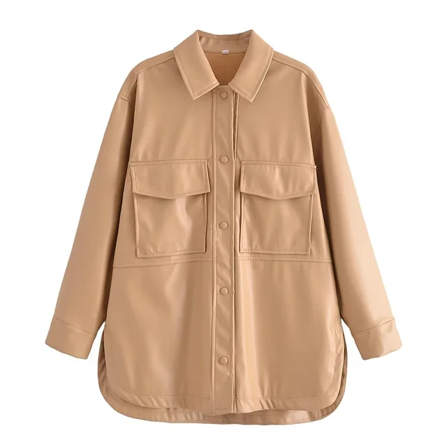 Urban Casual Women's Long sleeved Lapel Loose Shirt Leather Coat Khaki - Shop at LoveMi