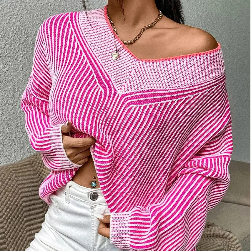 V neck Loose Slimming Stripes Contrast Color Pullover Knitwear Top White - Shop at LoveMi