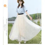 Mesh Skirt Women's Summer High Waist Embroidery - Beige Apricot