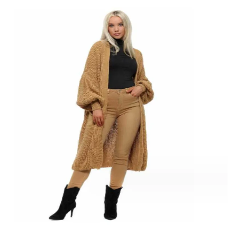 Women's Solid Color Knitwear Pocket Cardigan Mid length Sweater Women's Coat Khaki - Shop at LoveMi