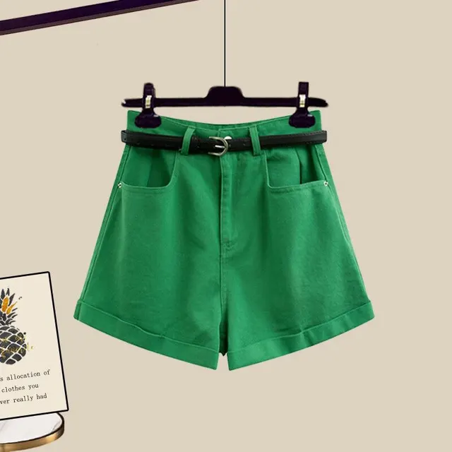 Plus Size Women's Summer Suit Denim Shorts Shirt Green Shorts - Shop at LoveMi