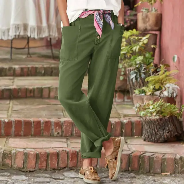 Casual Breasted Cotton Linen Loose Casual Women's Cotton Pants Army Green - Shop at LoveMi