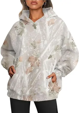 Women's Camouflage Hoodie Maple Leaf Print Oversized Sports Hoodie - Color 1 White Leaves