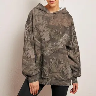 Women's Camouflage Hoodie Maple Leaf Print Oversized Sports Hoodie - Color 8 Coffee