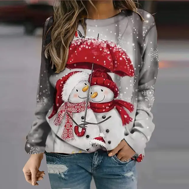 European And American Snowman Printed Crew Neck Sweatshirt Gray - Shop at LoveMi