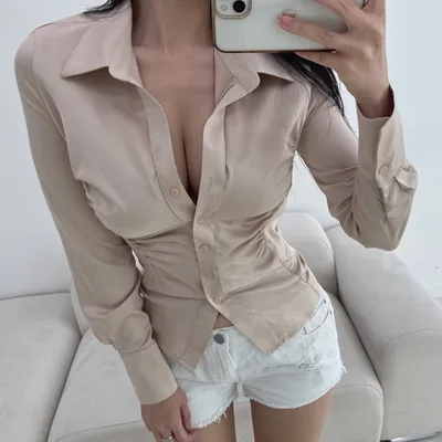 Autumn And Winter New Elegant Pleated Waist Tight Slim Lapel Slimming Shirt For Women Beige - Shop at LoveMi