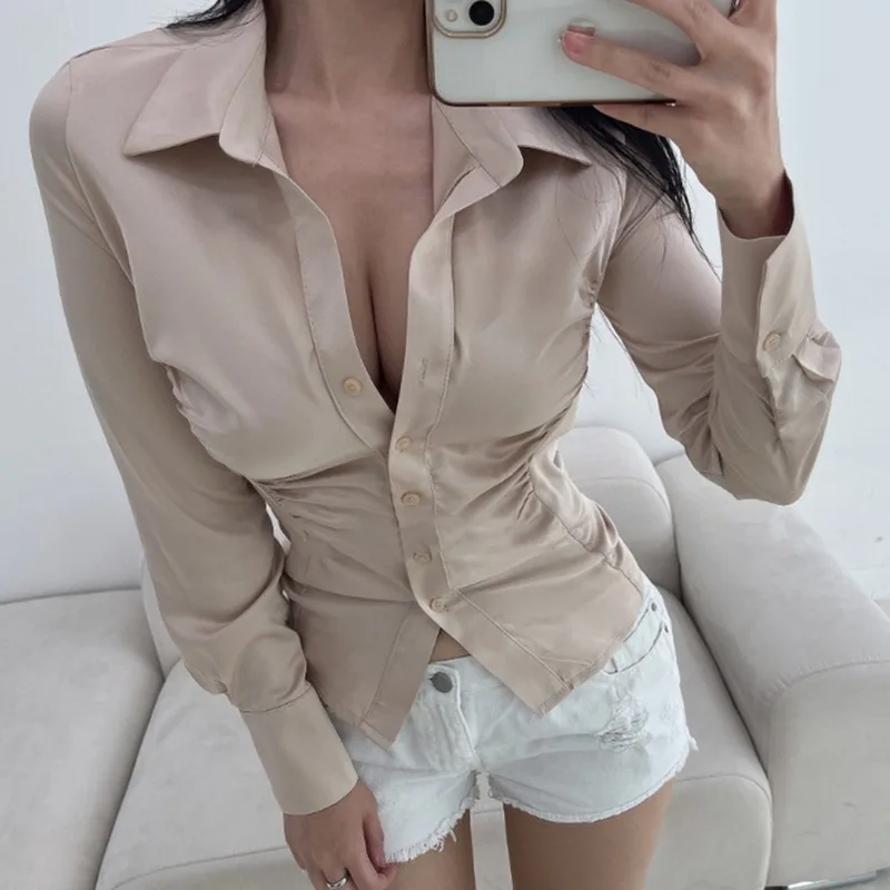 Autumn And Winter New Elegant Pleated Waist Tight Slim Lapel Slimming Shirt For Women Beige - Shop at LoveMi