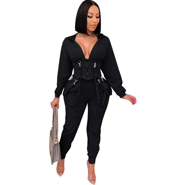 Temperament Commute Fashion Zipper Slim fit Hat Collar Two piece Set Nightclub Uniforms Black - Shop at LoveMi