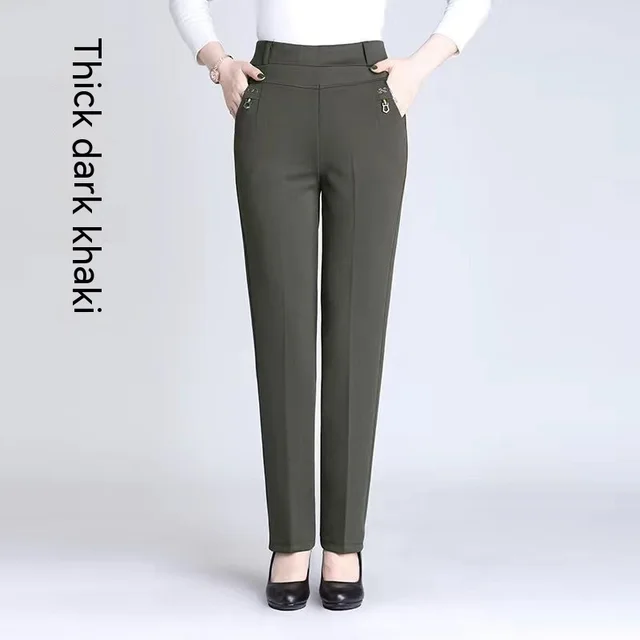 Women's Trousers Straight High Waist Stretch Spring And Autumn Dark Khaki - Shop at LoveMi