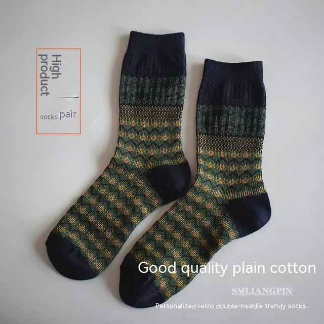 Mid Length Double Needle Christmas Artistic Retro Ethnic Style Long Socks Navy Blue - Shop at LoveMi
