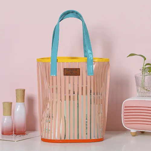Striped Handbag Wash Bag Girl Heart Transparent Portable Large Capacity Orange - Shop at LoveMi
