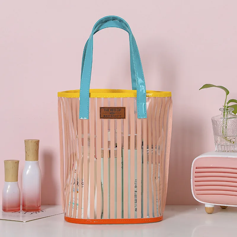 Striped Handbag Wash Bag Girl Heart Transparent Portable Large Capacity - Orange - View 1