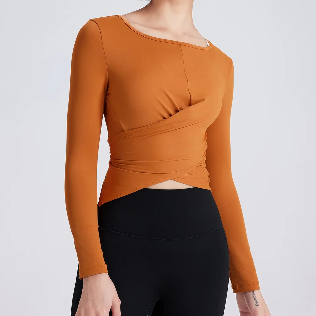Cross Button Slim Fit Thin Yoga Wear Long Sleeve - Pumpkin