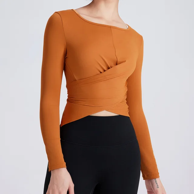 Cross Button Slim Fit Thin Yoga Wear Long Sleeve Pumpkin - Shop at LoveMi