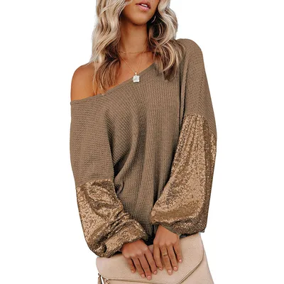 European And American Personalized Sequins Backless Knitted Long Sleeve Sweater Women Brown - Shop at LoveMi