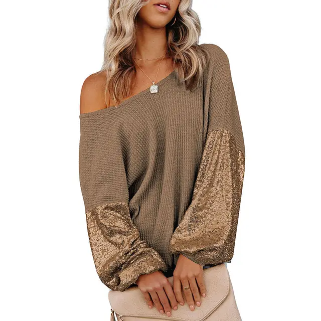 European And American Personalized Sequins Backless Knitted Long Sleeve Sweater Women Brown - Shop at LoveMi