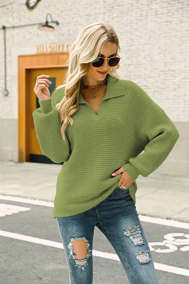 Fashion Solid Color Loose Pullover Lapel Sweater Green - Shop at LoveMi