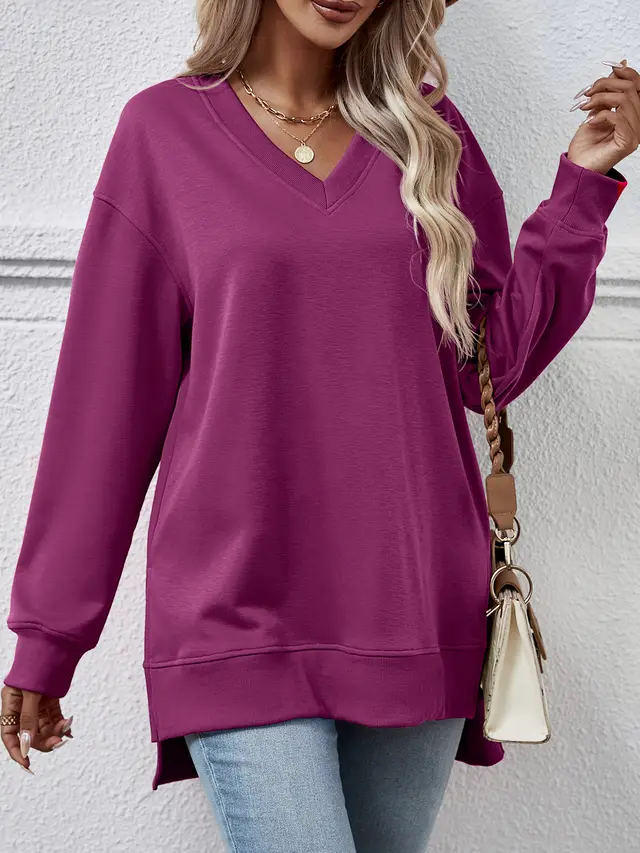 Solid Color And V neck Split Front Short Back Long Sweater Purple - Shop at LoveMi