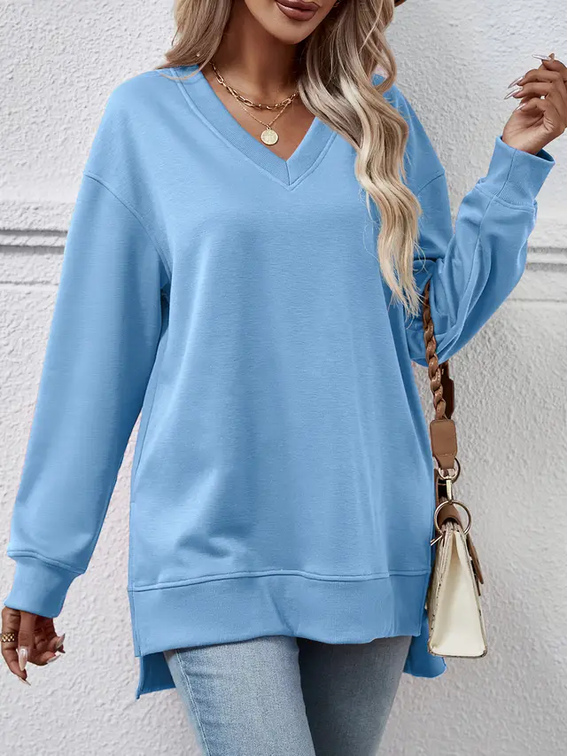 Solid Color And V neck Split Front Short Back Long Sweater Sky Blue - Shop at LoveMi