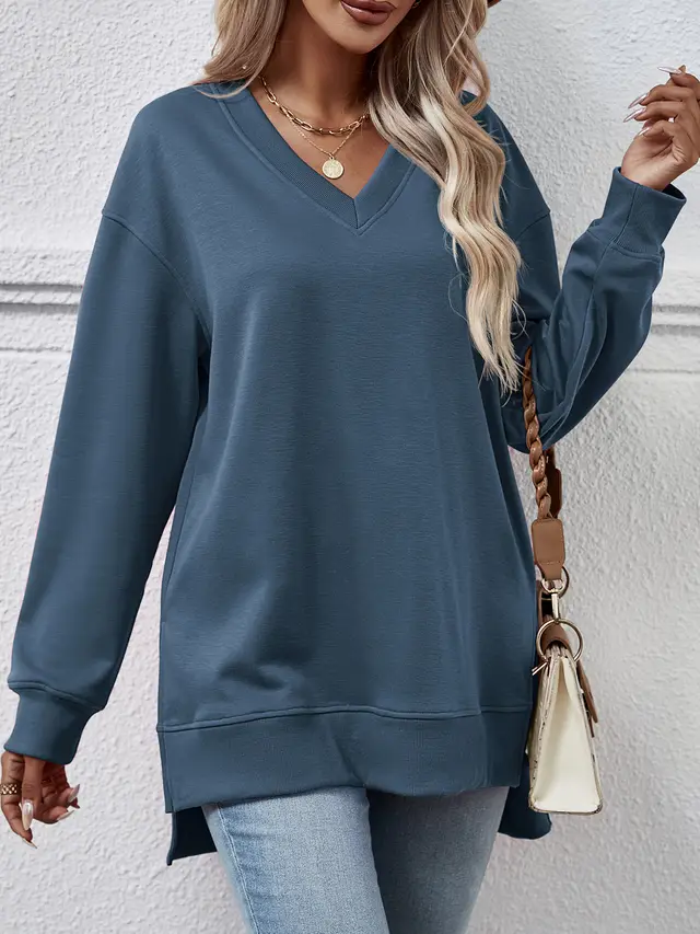 Solid Color And V neck Split Front Short Back Long Sweater Steel Blue - Shop at LoveMi