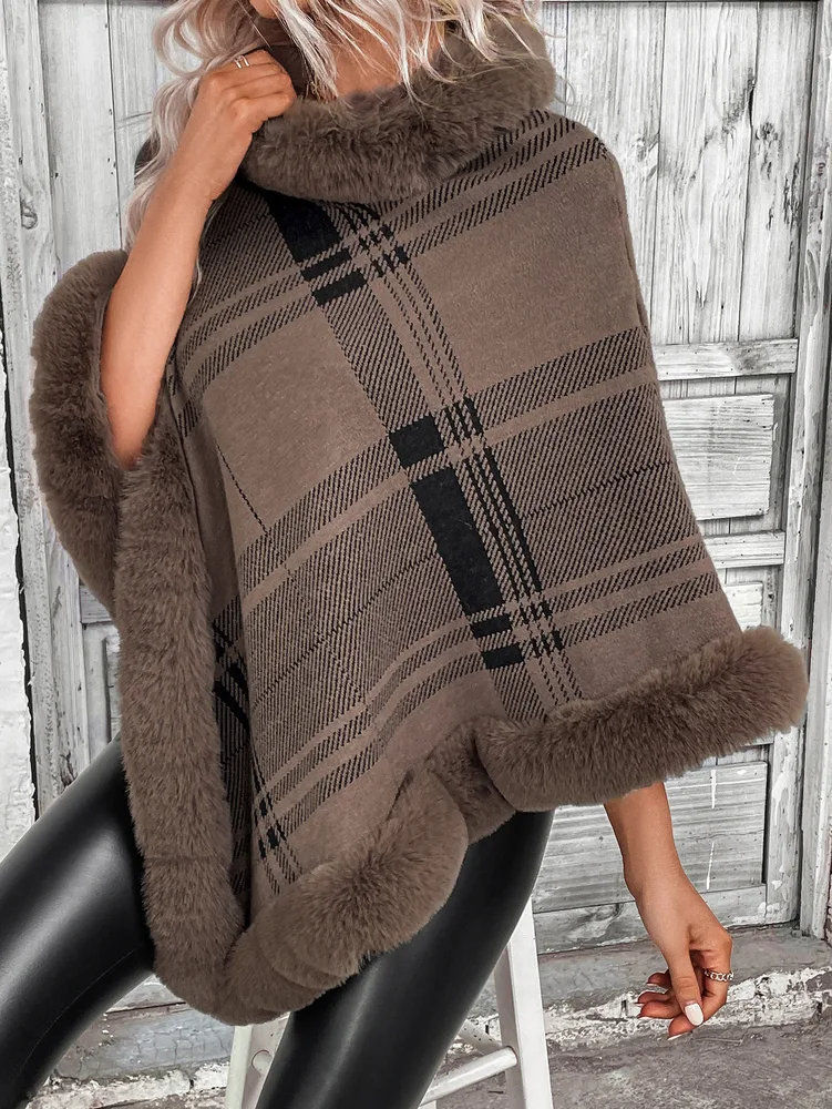 Ins Fur Collar Plaid Cape And Shawl Cardigan Sweater Brown - Shop at LoveMi