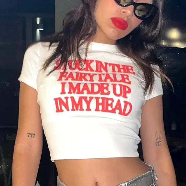 European And American Letters Slim fit Crop top Printed T shirt White - Shop at LoveMi