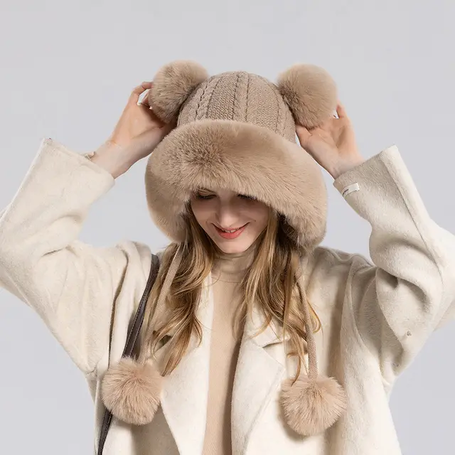 Big Head Circumference Knitted Winter Cute Fluffy Ball Cap Children Khaki - Shop at LoveMi