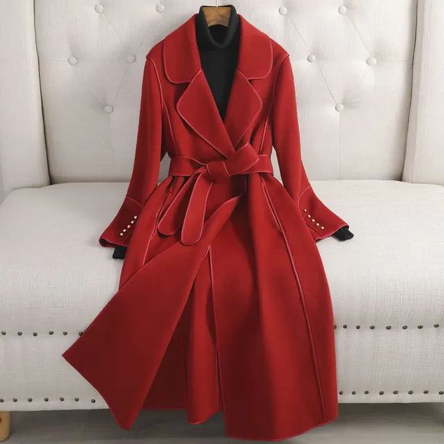 Overcoat Women's Slimming Mid length Over the knee High end Woolen Coat Brick Red 100 Wool - Shop at LoveMi