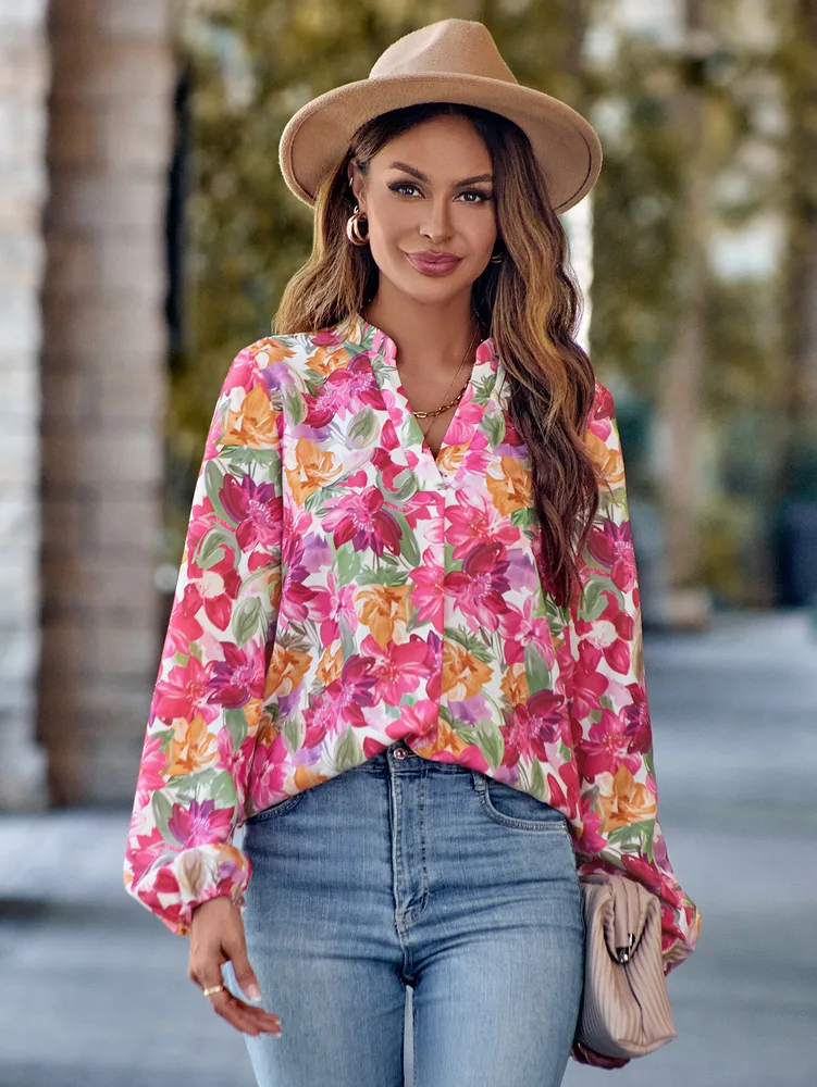 V neck Fashion Printed Long Sleeve Slim fit Top Pink - Shop at LoveMi