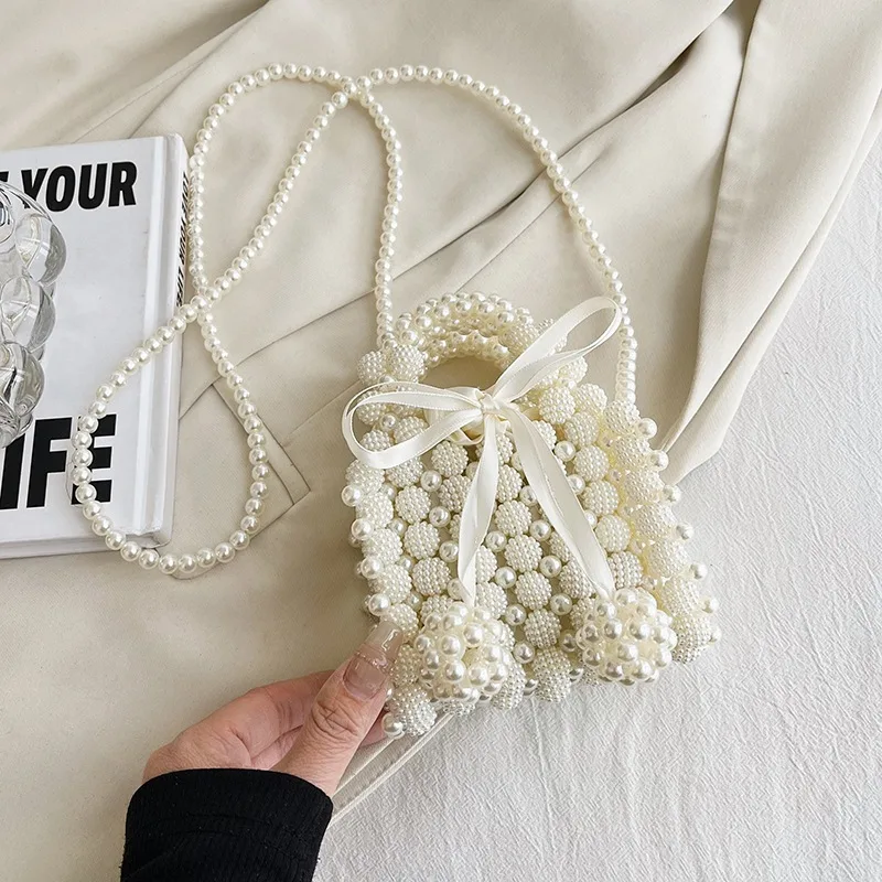 Pearl Popular New Mini Hand woven Shoulder Messenger Bag For Women Cream - Shop at LoveMi