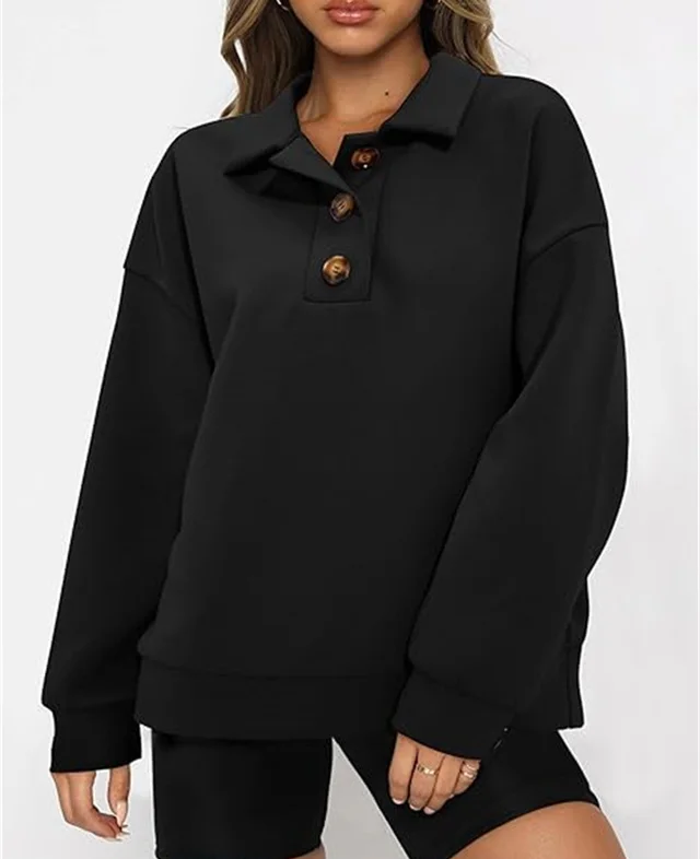 Solid Color Polo Collar Loose Long Sleeve Sweatershirt Black - Shop at LoveMi