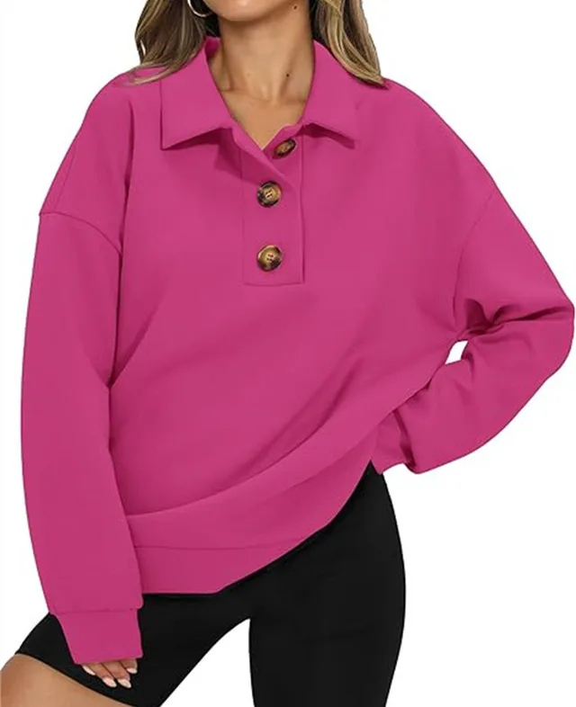 Solid Color Polo Collar Loose Long Sleeve Sweatershirt Rose Red - Shop at LoveMi