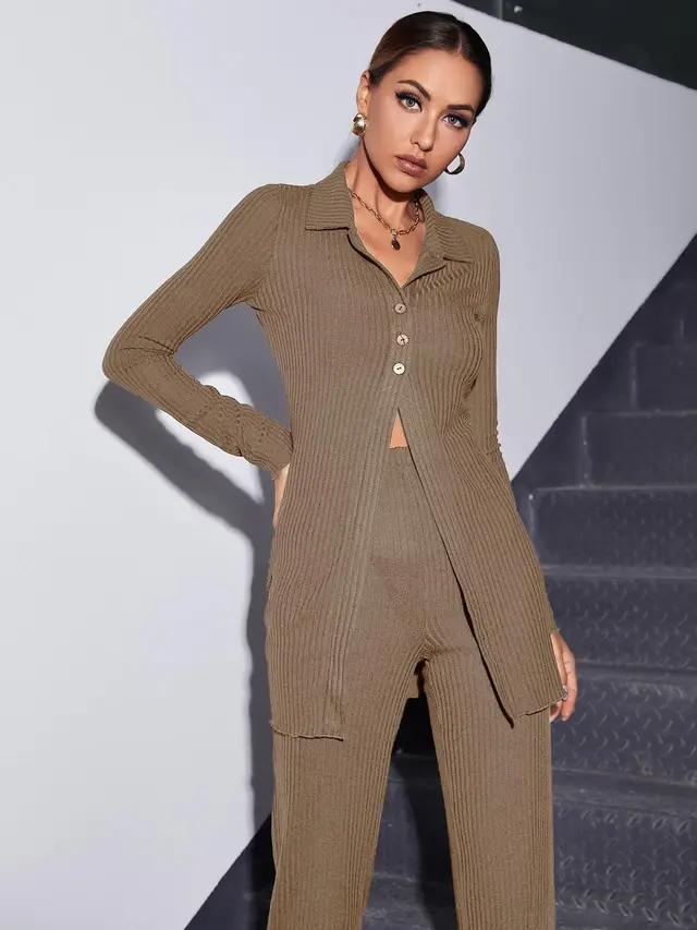 European And American Open Chest Slim Pants Two piece Set Camel Khaki - Shop at LoveMi