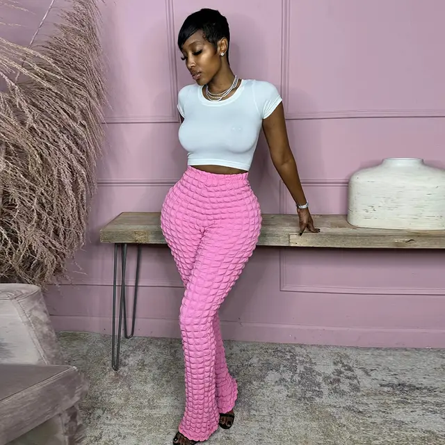 High Waist Popcorn High Elastic Loose Street Casual Pants Pink - Shop at LoveMi