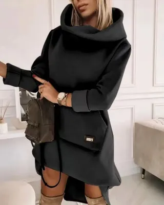 Long Sleeve Hood Pocket Long Sleeve Long Loose-fitting Casual Pullover Women - Black