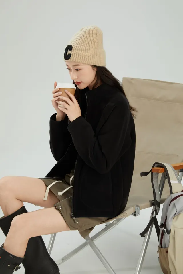 Lambswool Stand Collar Cardigan Short Coat Black - Shop at LoveMi